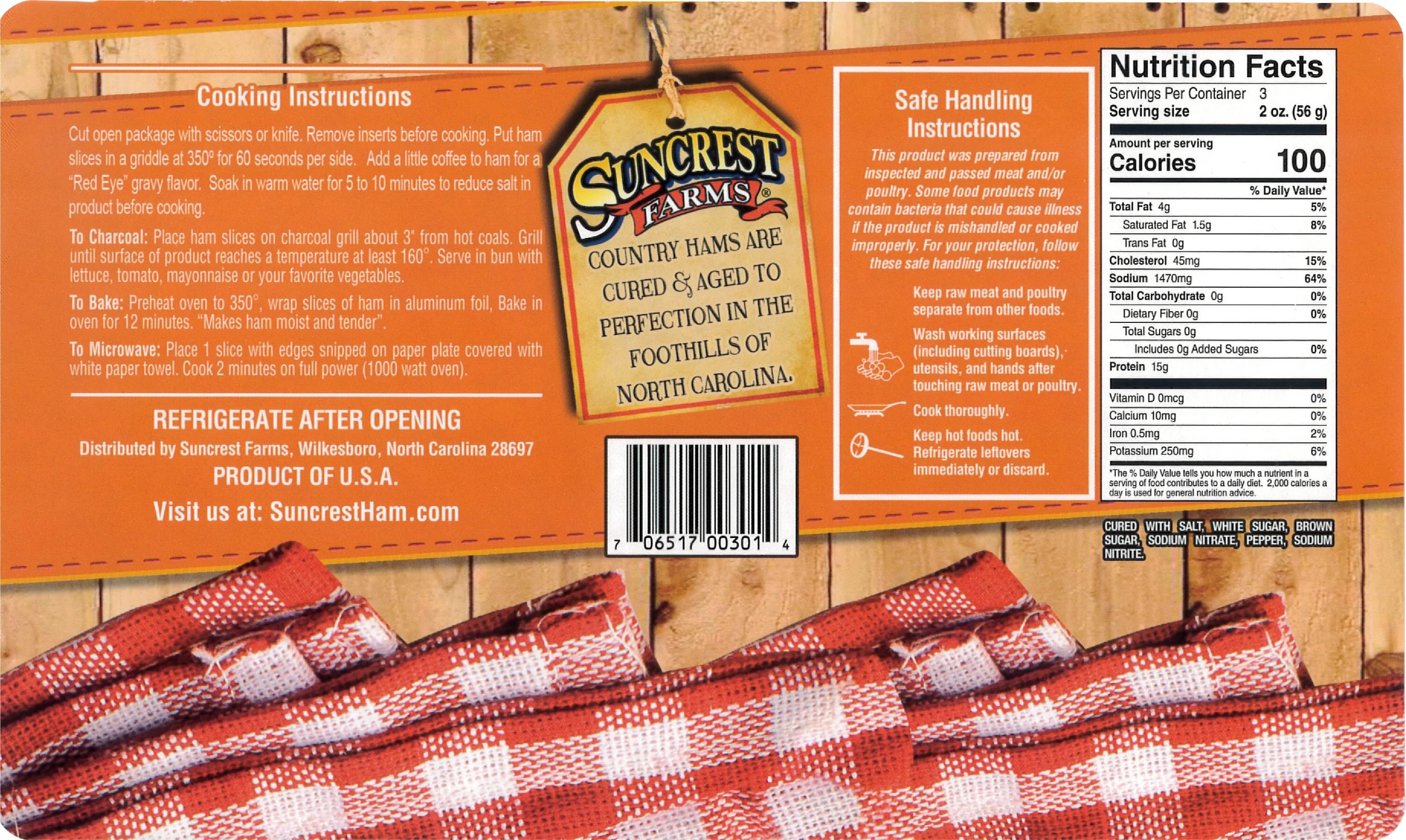 Suncrest Farms country ham center slices packaging with nutritional facts.