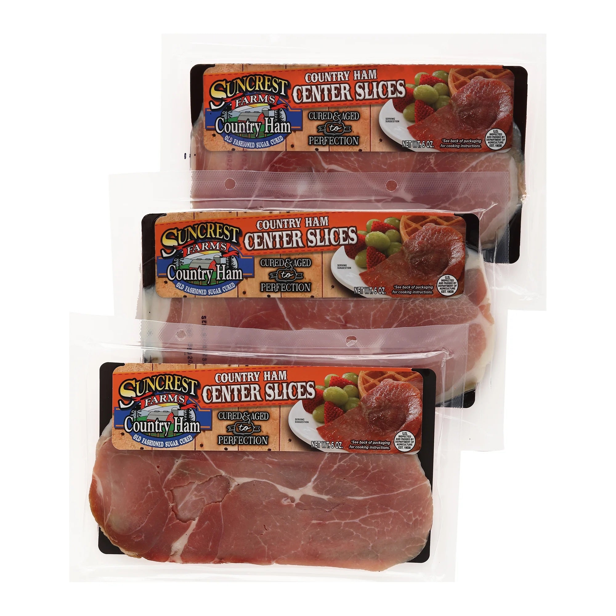 Pack of 3 Country Ham Center Slices dry cured and packaged by Suncrest Farms.