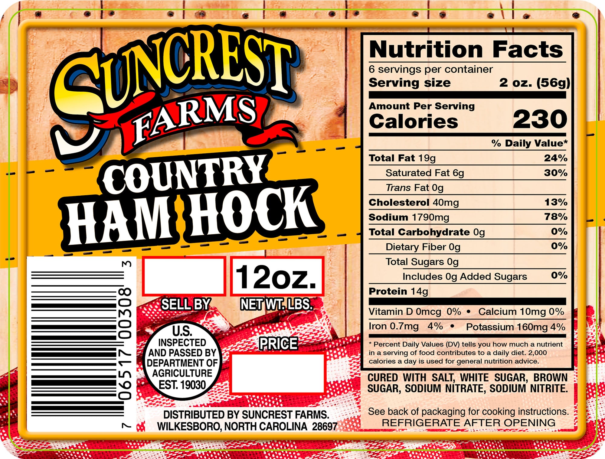 country ham hock label with suncrest farms branding, usda inspection seal, nutritional facts, and net weight