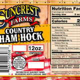 country ham hock label with suncrest farms branding, usda inspection seal, nutritional facts, and net weight