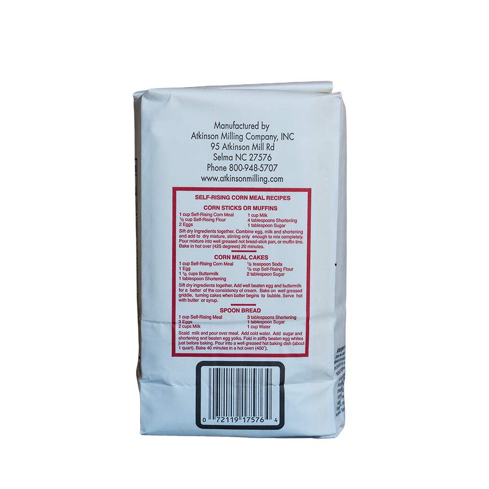 Atkinson's stone ground white self-rising corn meal 2 lb. bag.