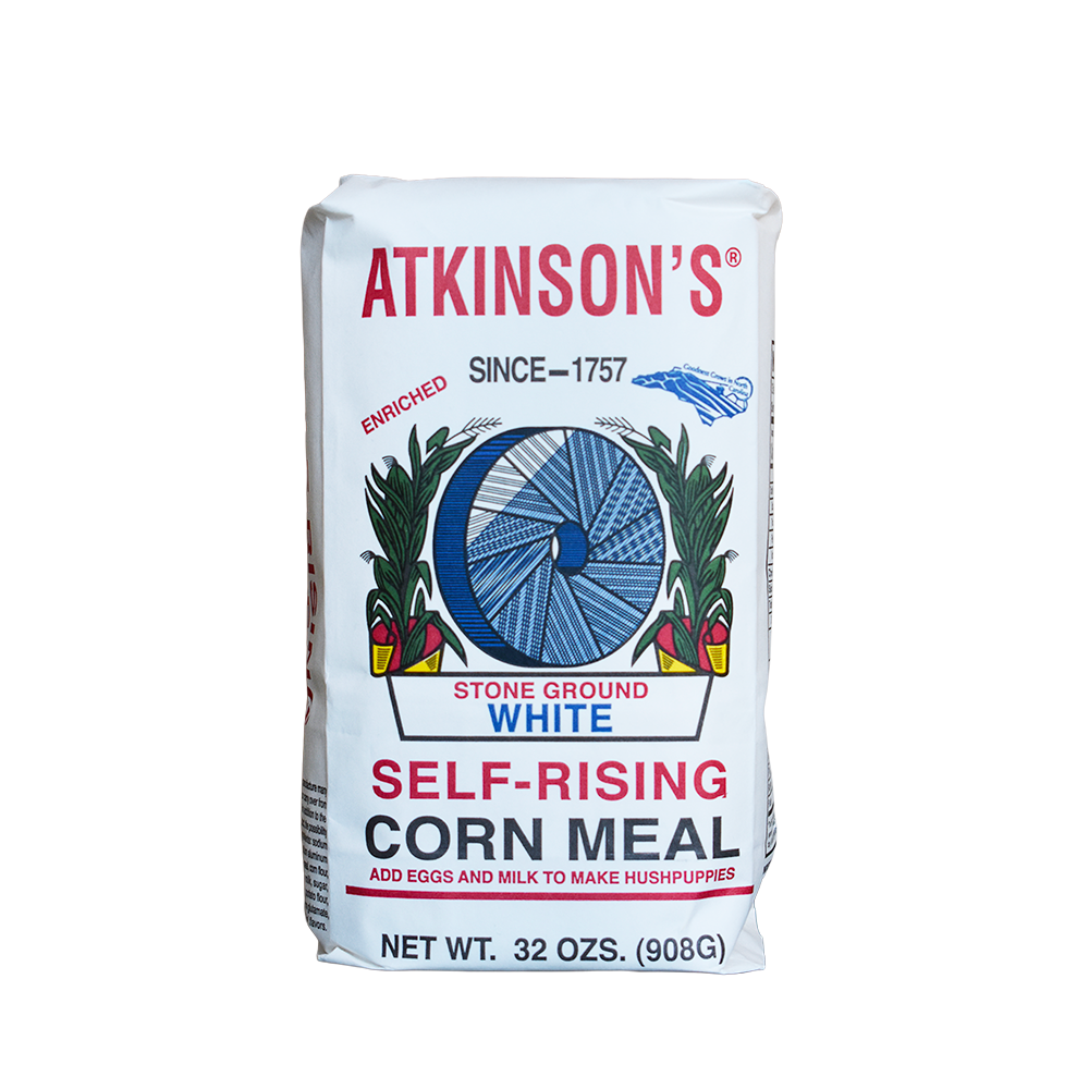 Atkinson's stone ground white self-rising corn meal 2 lb. bag.