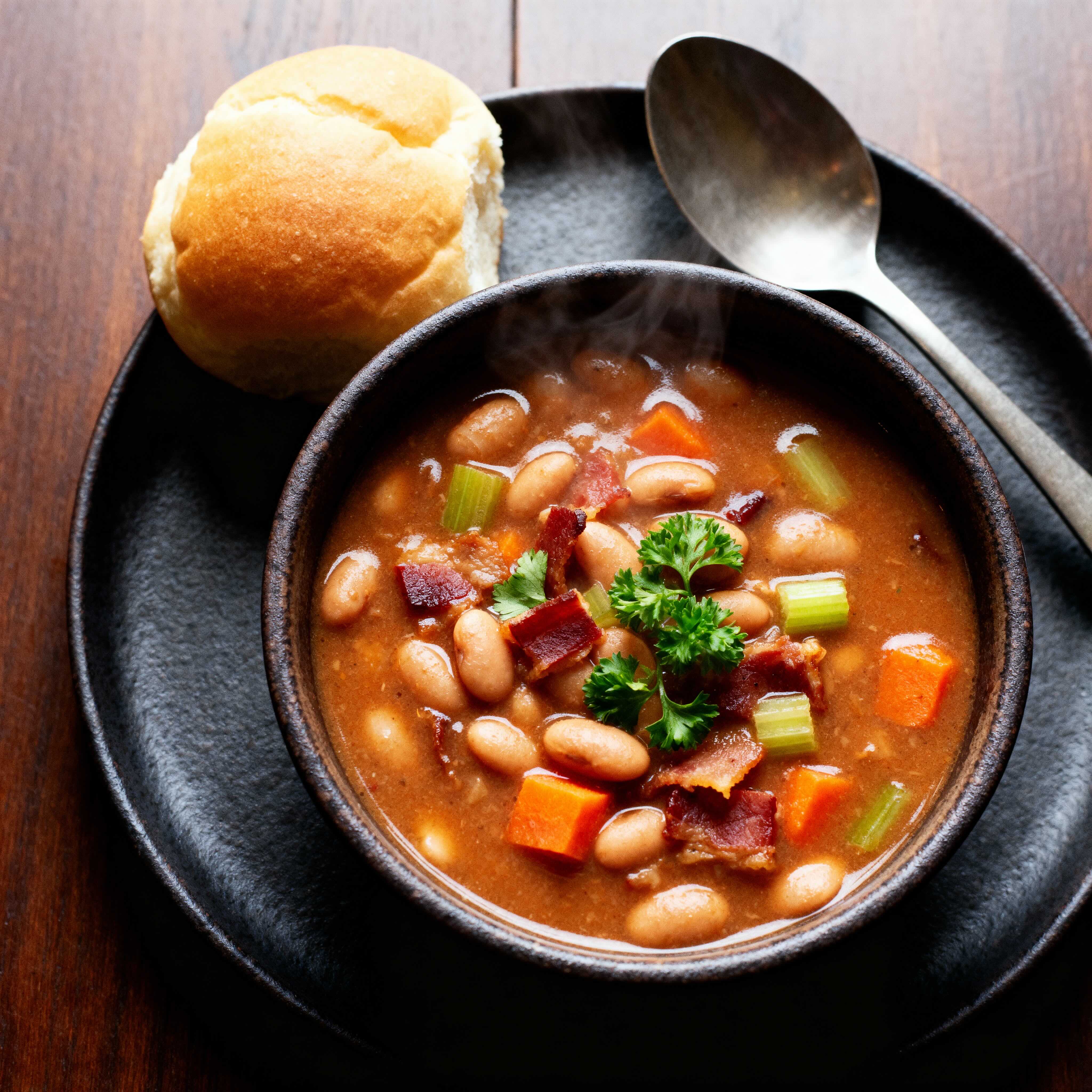 Pinto bean hearty soup with Suncrest Farms cured sliced pork sidemeat. 