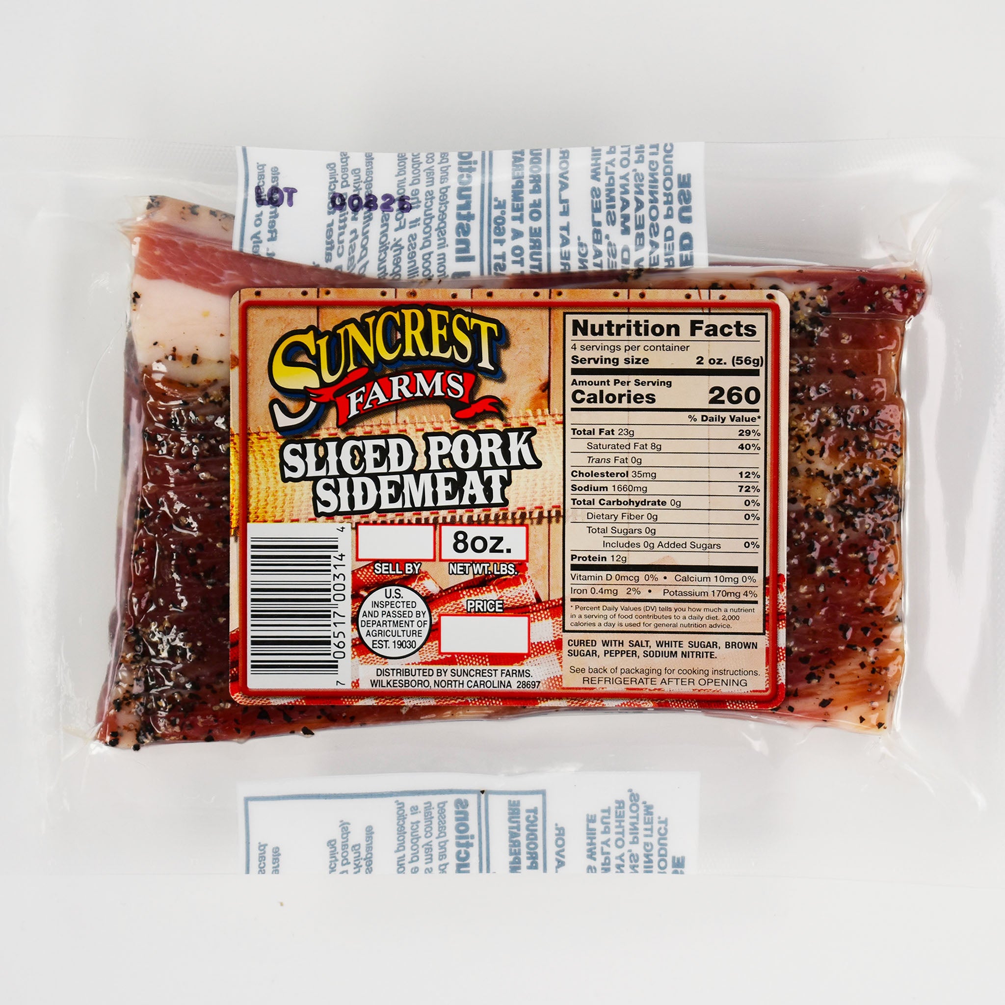 Suncrest Farms sliced pork sidemeat in 8 oz. package on white background. 