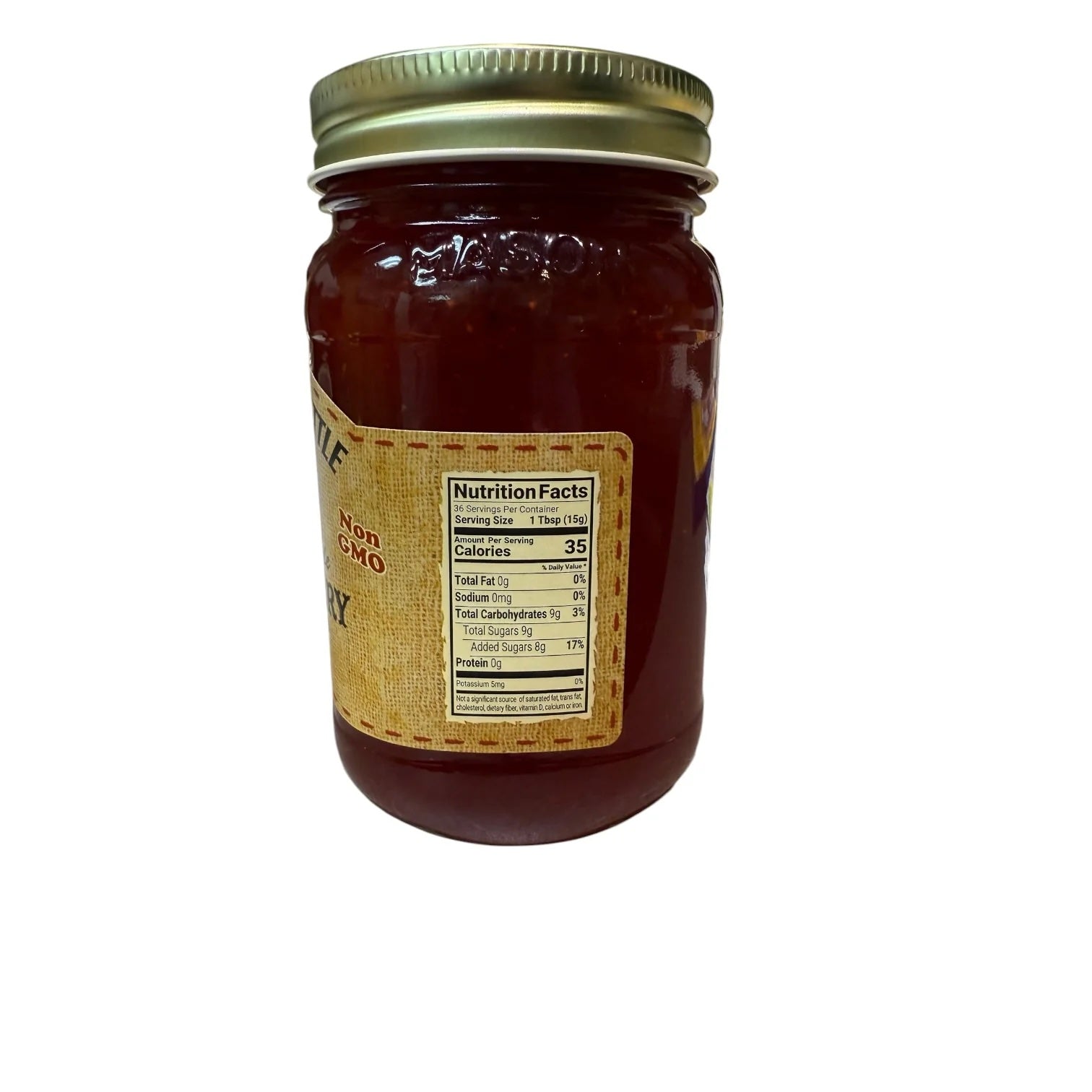 The Dutch Kettle Strawberry Jam jar with nutritional facts.