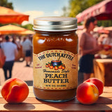 The Dutch Kettle Homemade Style Peach Butter, small peaches sitting beside jar on table in an outdoor farmers market.