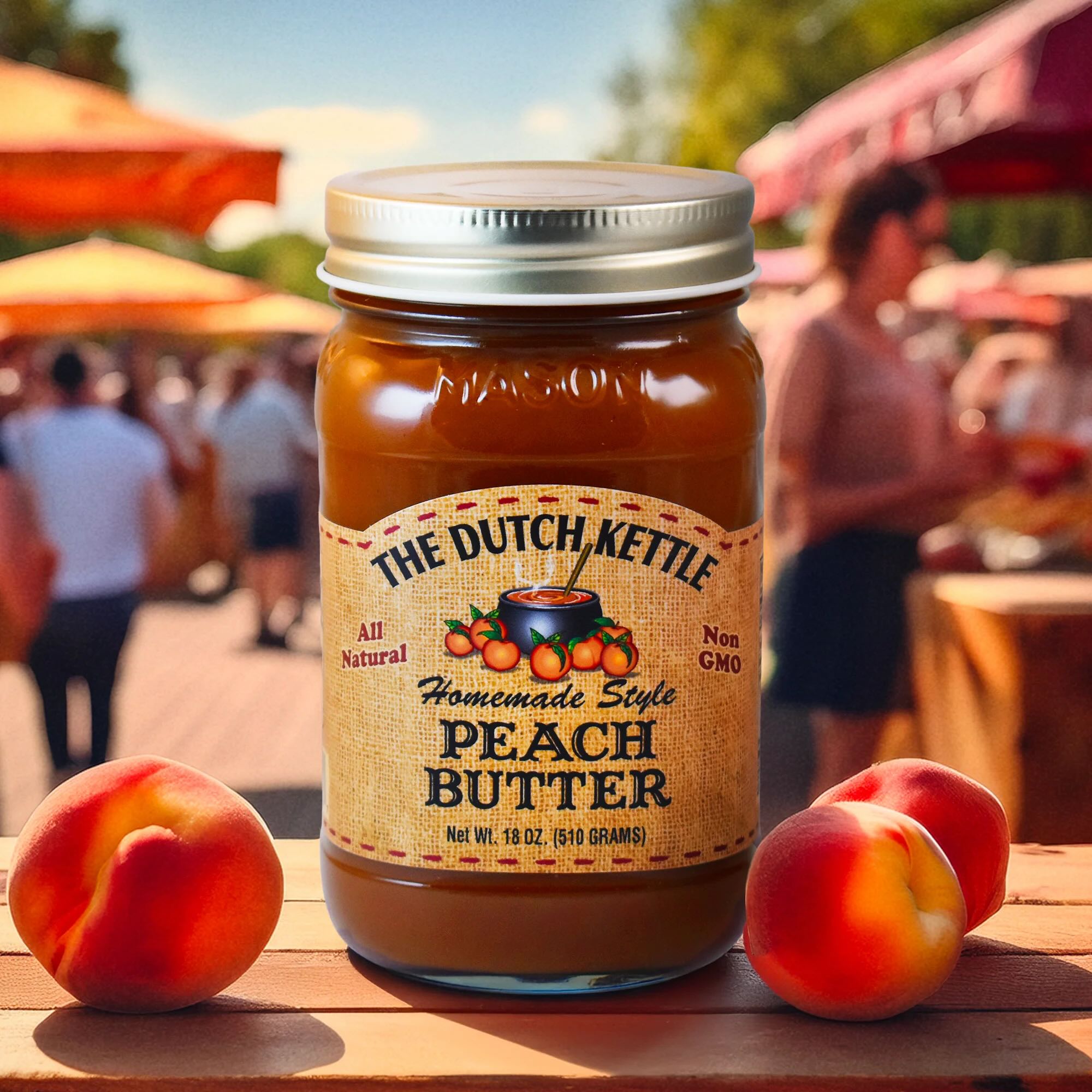 The Dutch Kettle Homemade Style Peach Butter, small peaches sitting beside jar on table in an outdoor farmers market.
