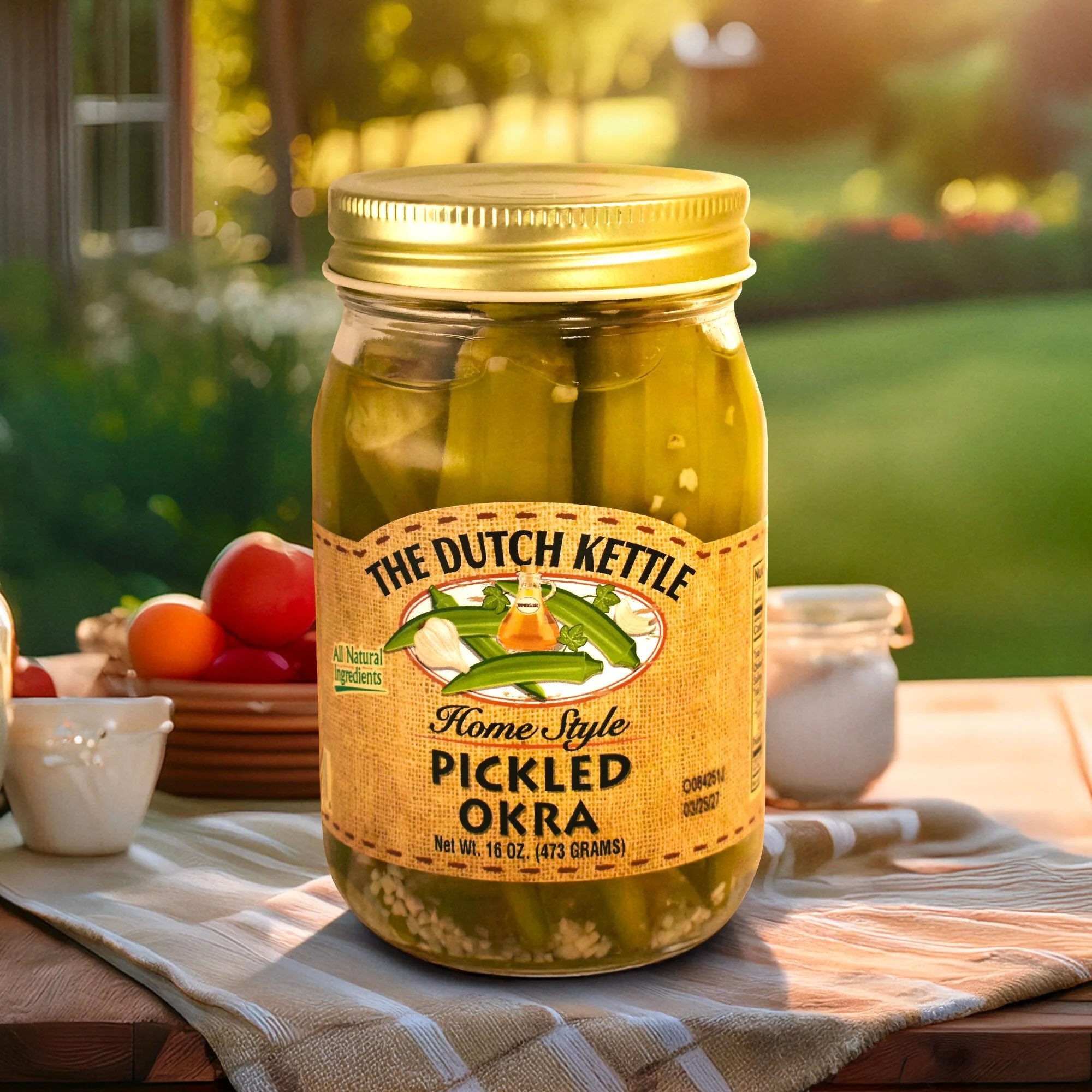 The Dutch Kettle Amish Homestyle Pickled Okra on a southern table outside in front of a yard and garden. 