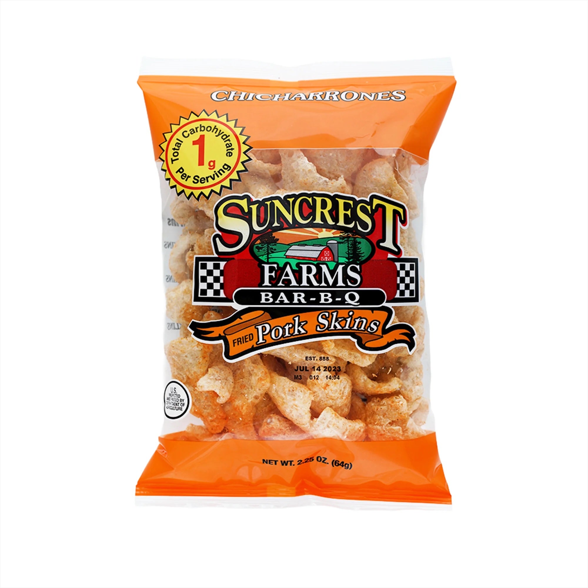 Bag of Suncrest Farms Bar-B-Q Fried Pork Skins on a white background.