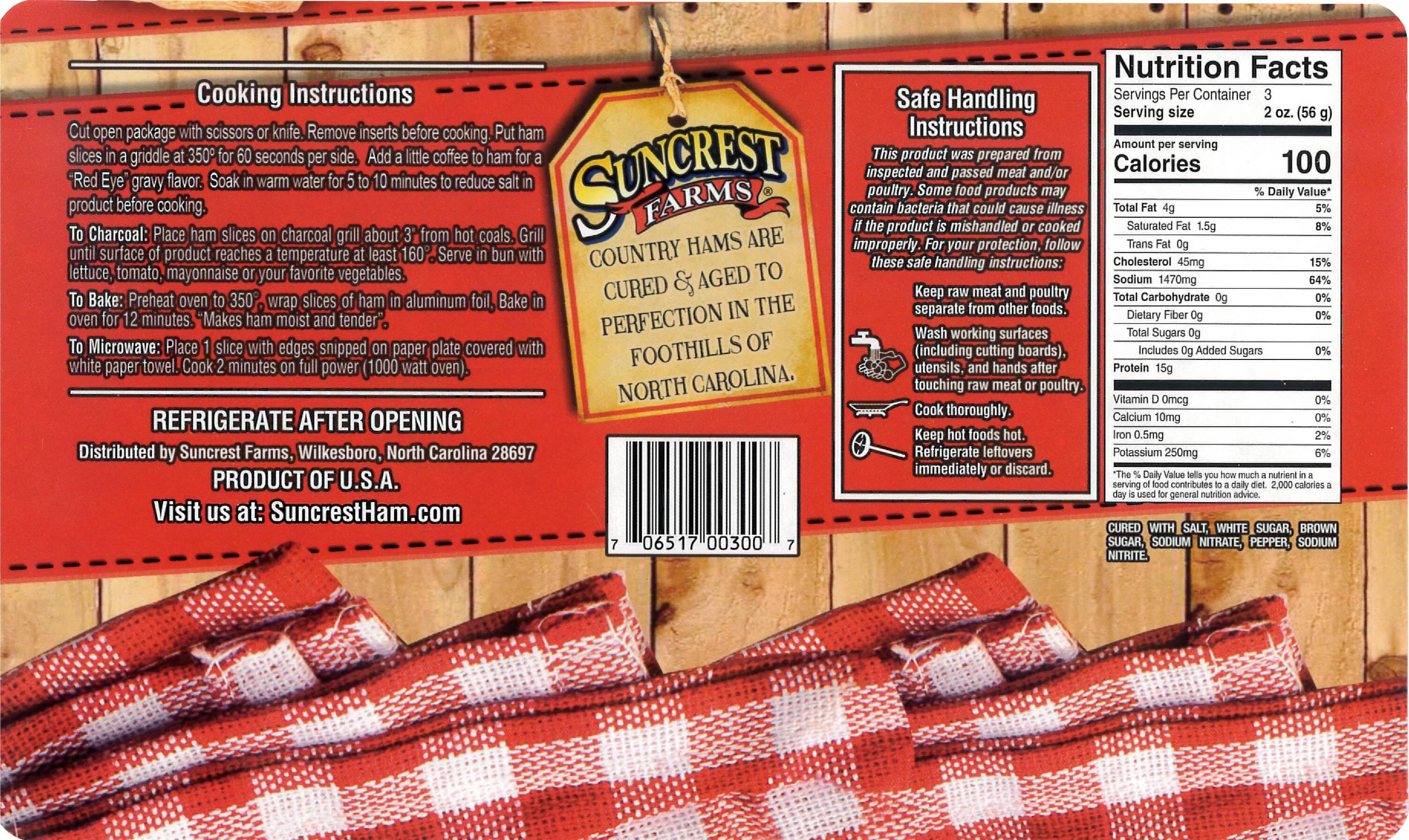 Suncrest Farms country ham biscuit pieces packaging with red label, checkered cloth, and wooden surface and nutritional facts.