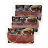 Three packages of Suncrest Farms Country Ham Steaks on a white background.