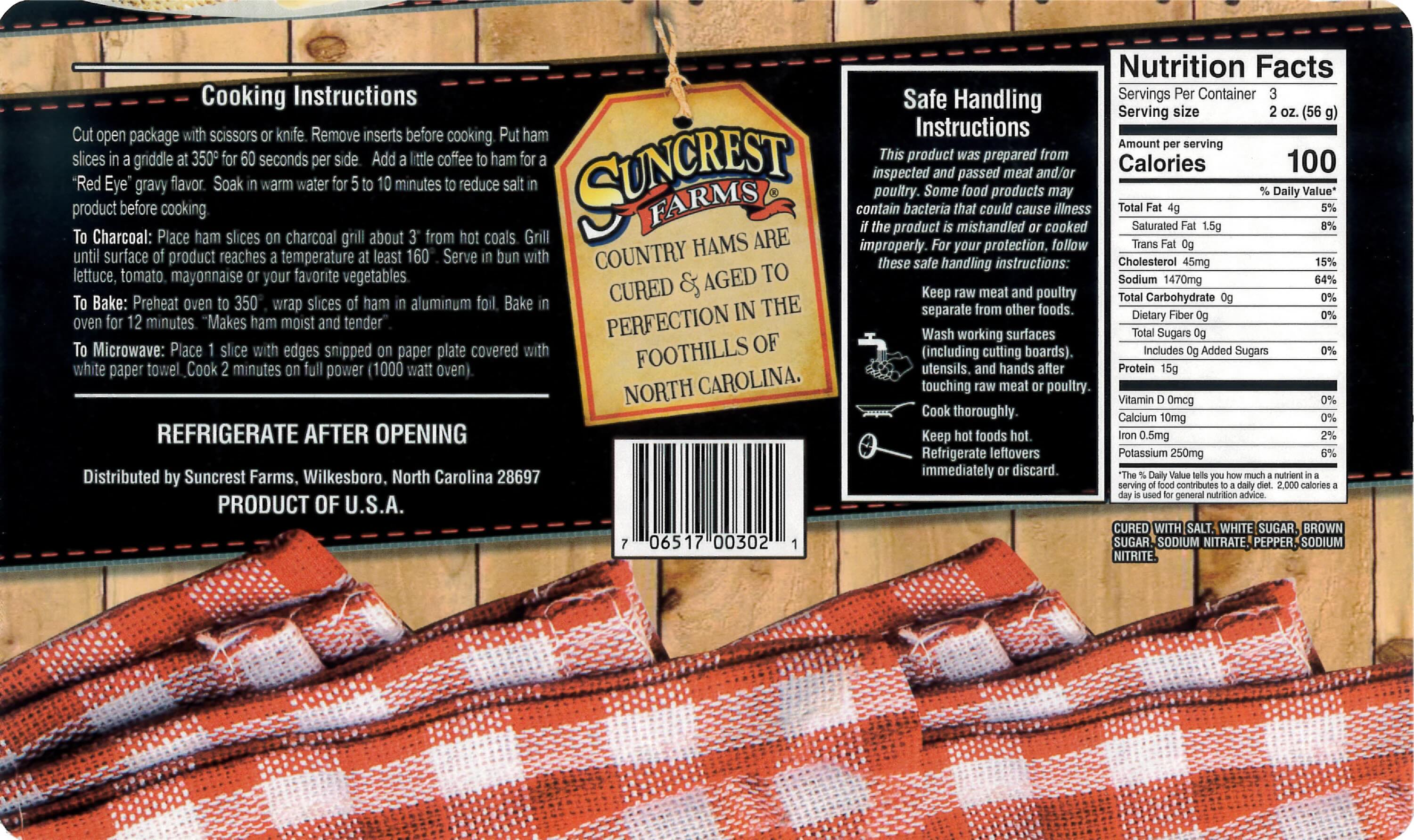 Suncrest Farms country ham packaging with label and checkered cloth and nutritional facts.