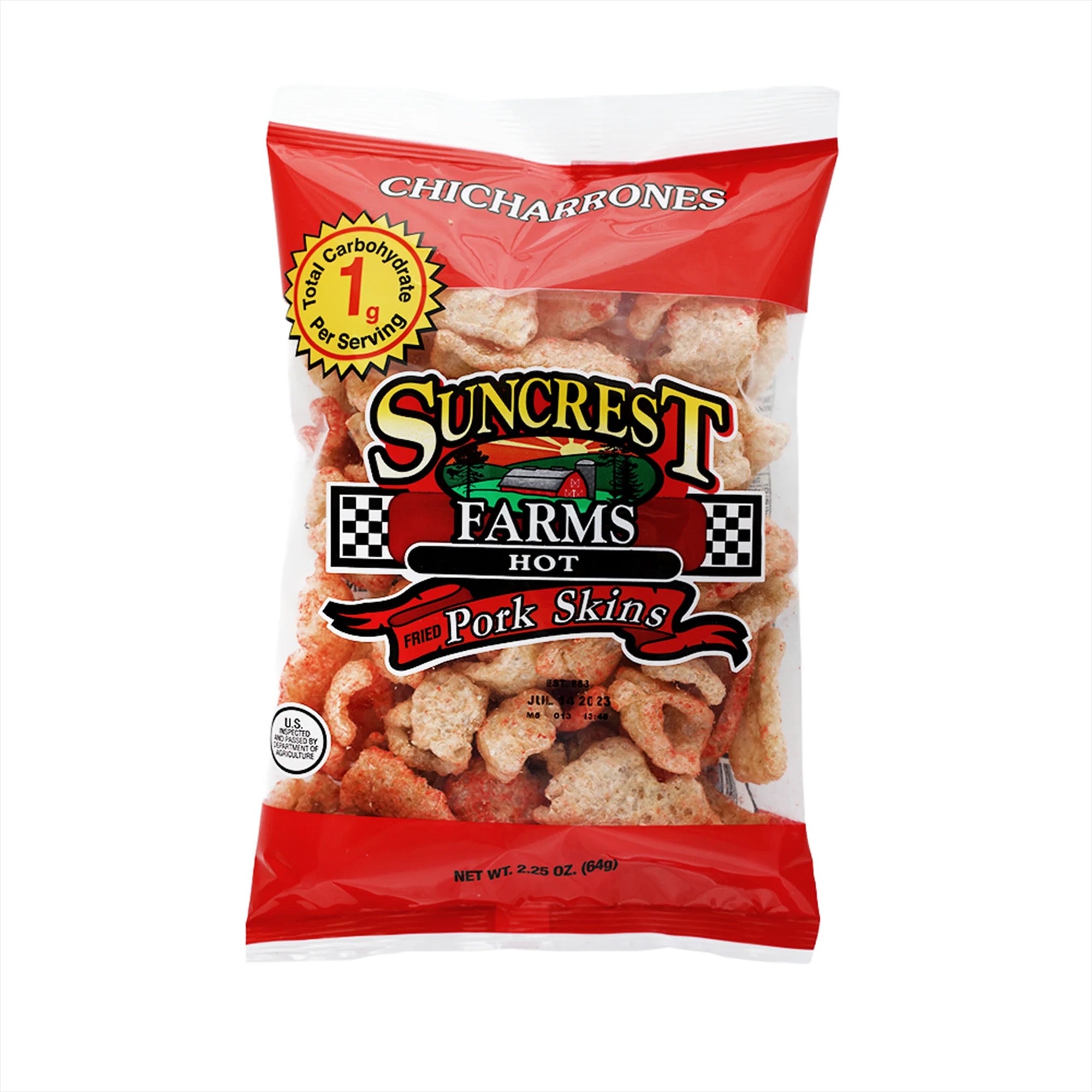 Bag of Suncrest Farms hot flavor pork skins.