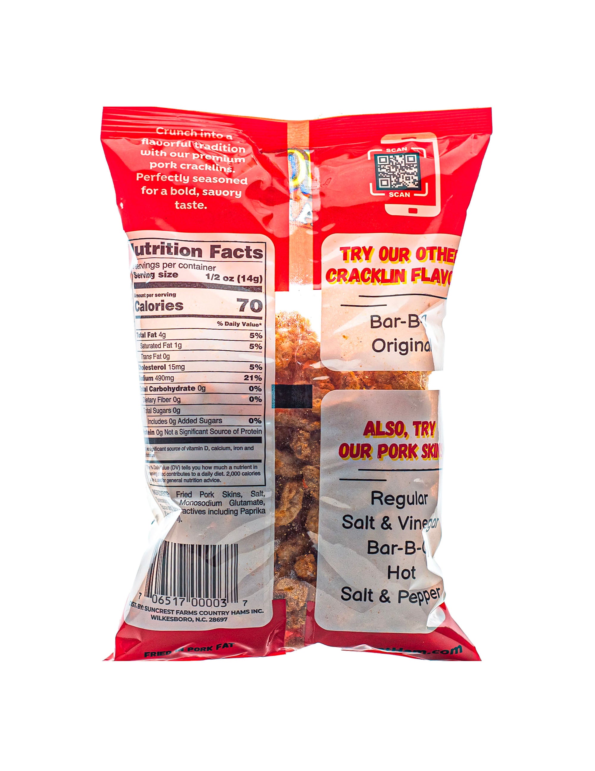 Suncrest Farms Hot flavor Cracklins back of bag with nutritional facts.