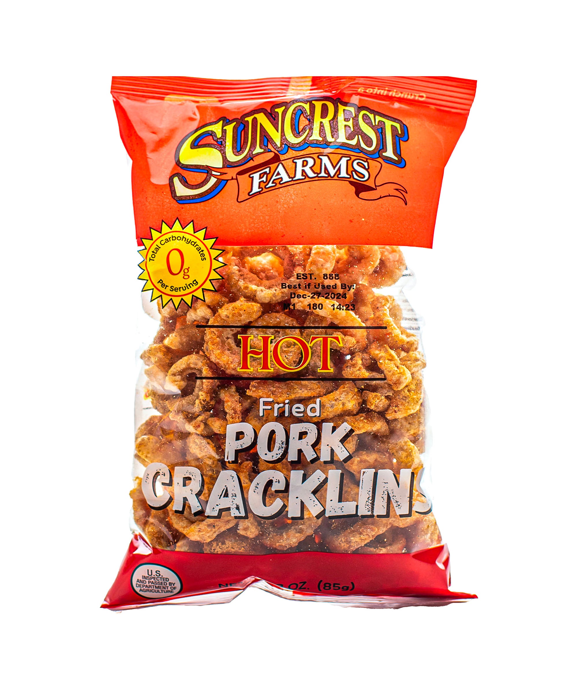 Bag of Suncrest Farms Hot Fried Pork Cracklins on a white background