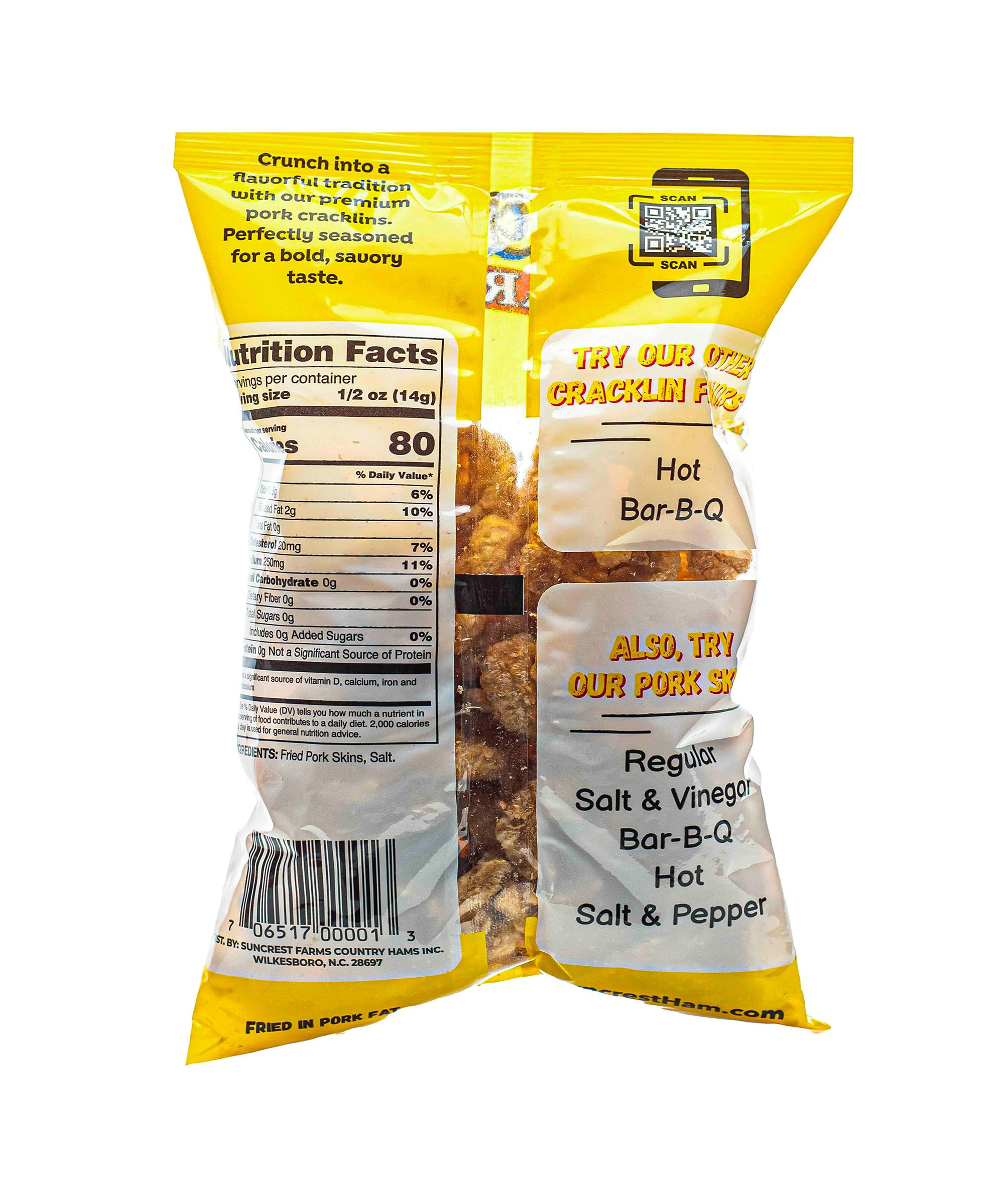 Bag of Suncrest Farms Original flavor Pork Cracklins. 