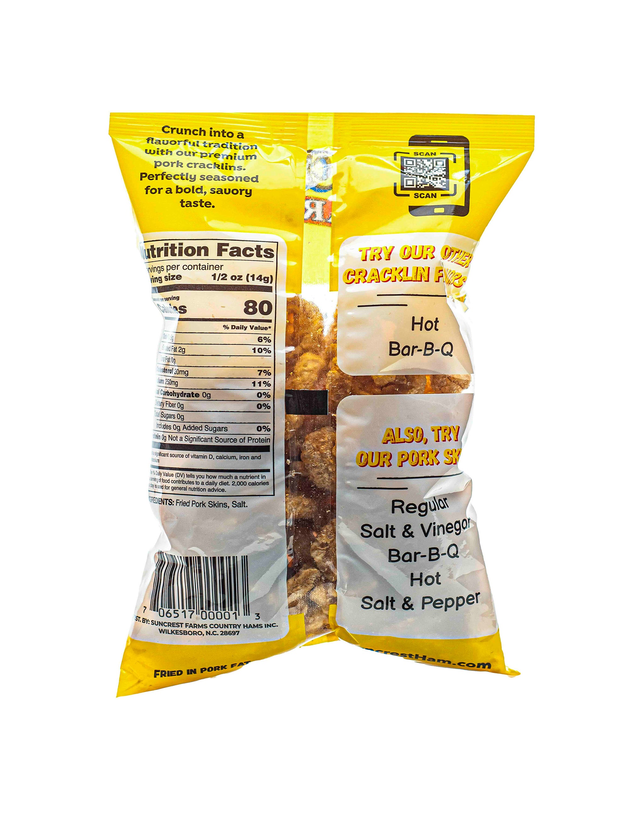 Bag of Suncrest Farms Original flavor Pork Cracklins. 