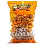 Bag of Suncrest Farms Bar-B-Q Fried Pork Cracklins on a white background.