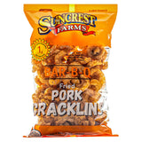 Bag of Suncrest Farms Bar-B-Q Fried Pork Cracklins on a white background.