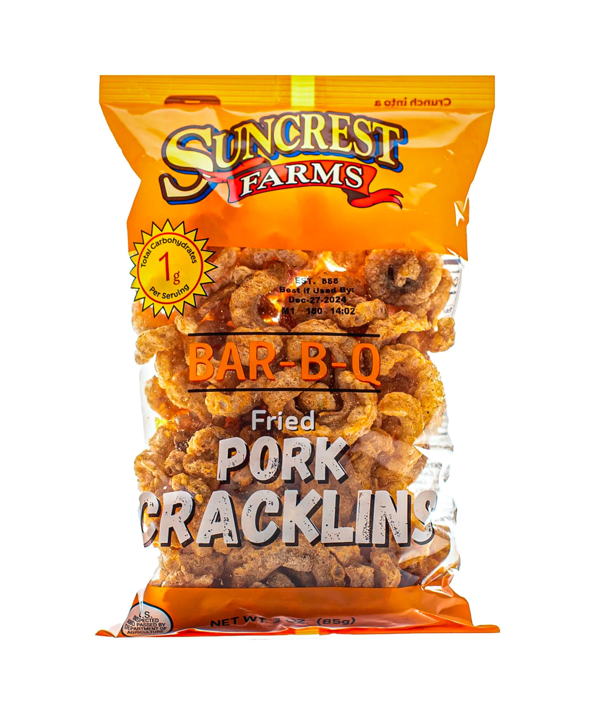 Bag of Suncrest Farms Bar-B-Q Fried Pork Cracklins on a white background.