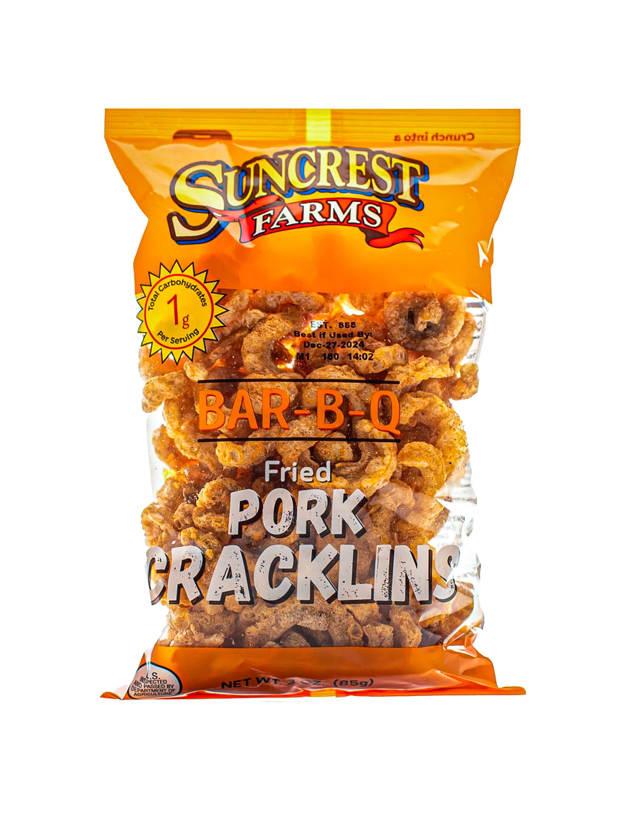 Bag of Suncrest Farms Bar-B-Q Fried Pork Cracklins on a white background.