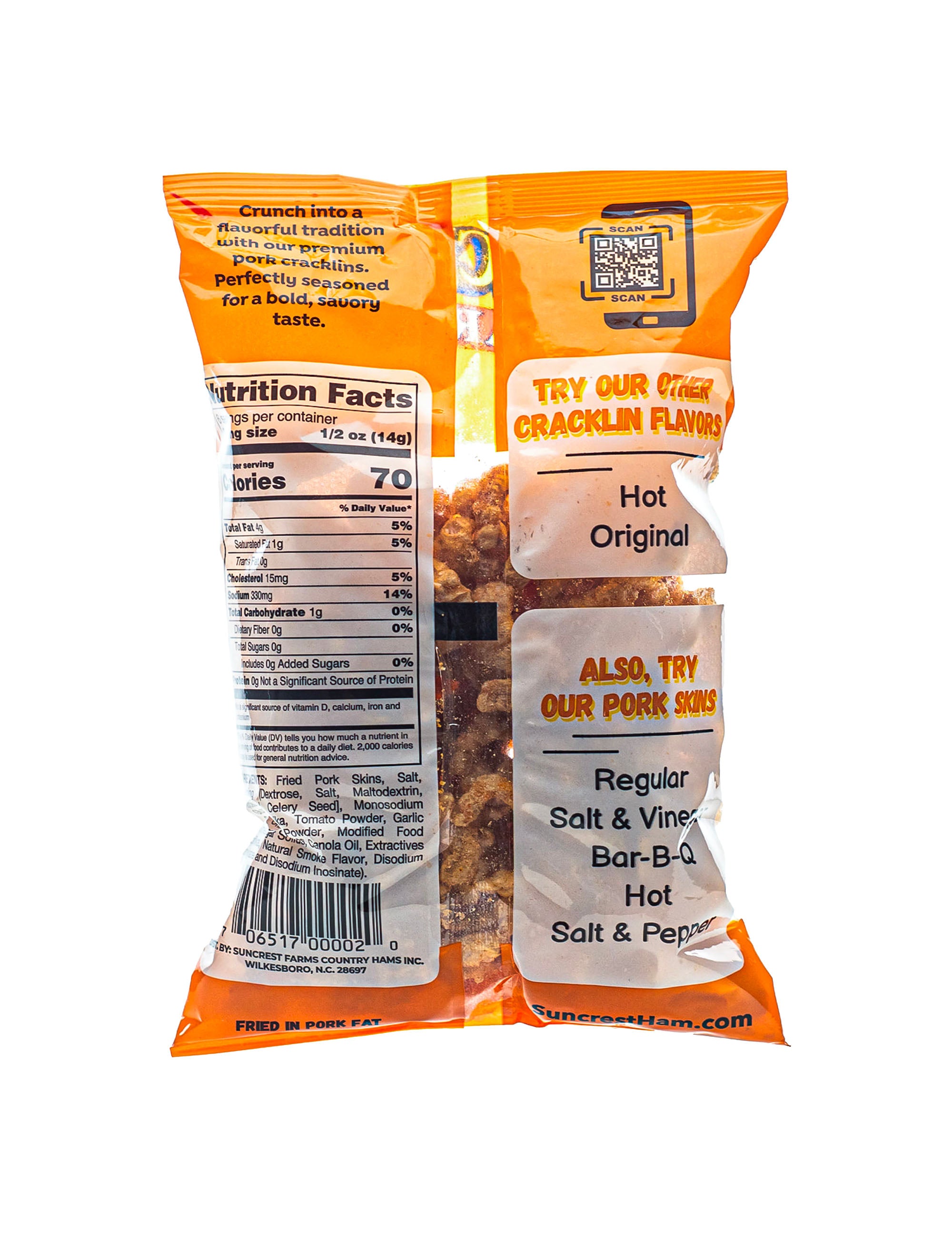 Bag of Suncrest Farms Pork Cracklins Bar-B-Q flavor with nutritional facts.