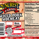 Suncrest Farms label featuring a USDA inspected seal and a nutrition facts label for sliced pork sidemeat.