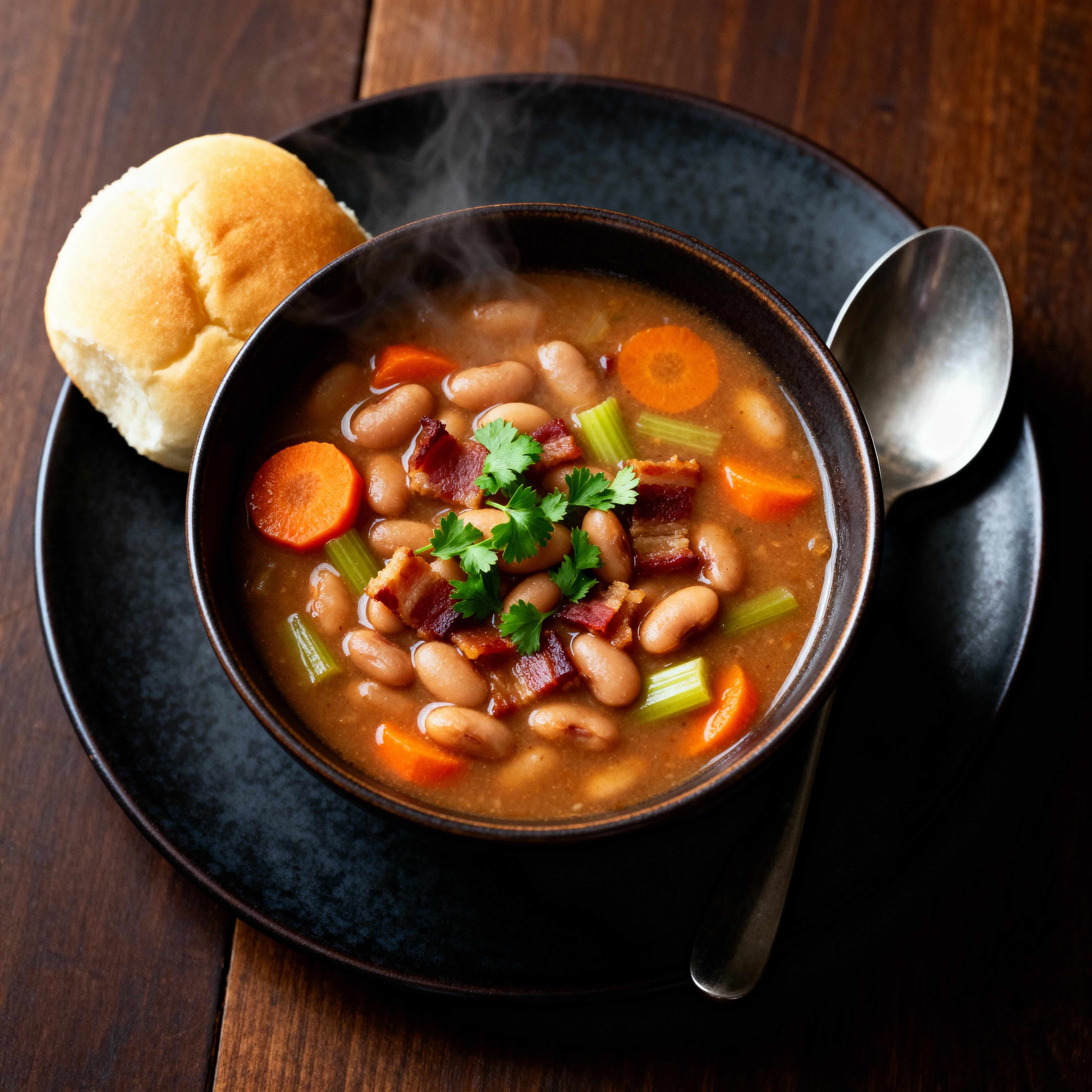 Bowl of pinto bean soup with Suncrest Farms sliced pork sidemeat with vegetables and a roll on a wooden table.