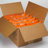 Cardboard box filled with 8 Pork Skins Bar-B-Q flavor bags on a gray background.