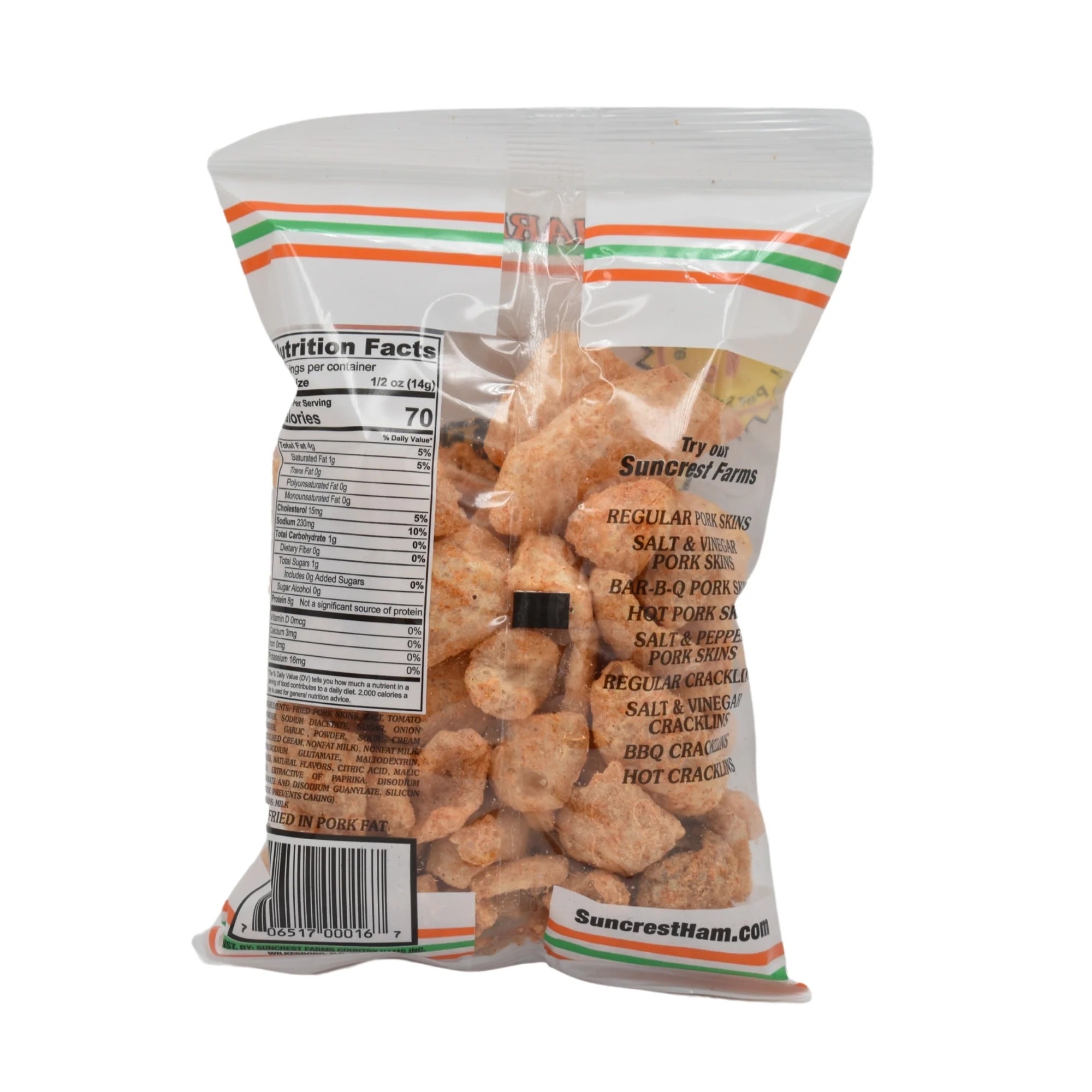 Bag of Suncrest Farms Salsa & Sour Cream flavored pork skins with ingredients and nutritional facts.