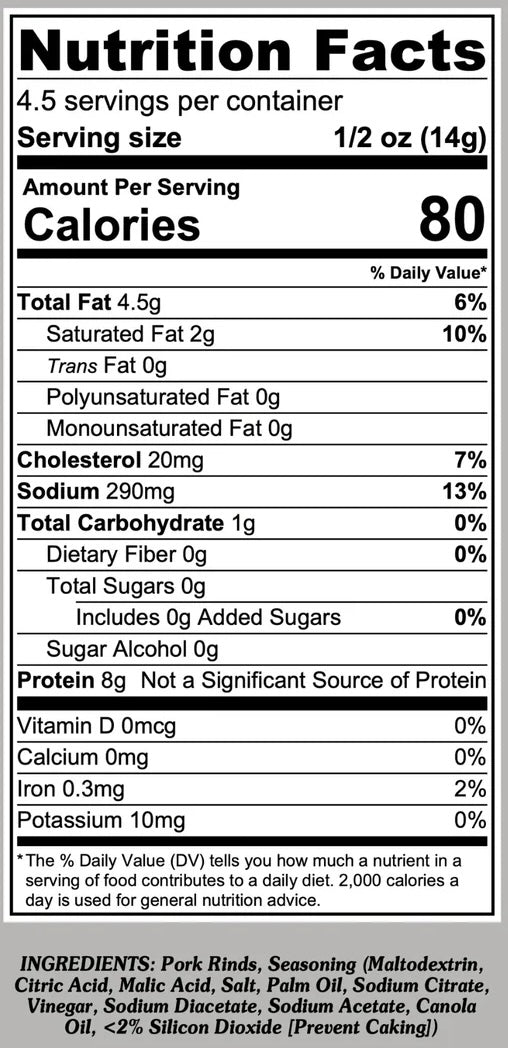 Nutrition facts label for Suncrest Farms Salt & Vinegar Pork Skins with serving size, calories, and detailed nutritional information.