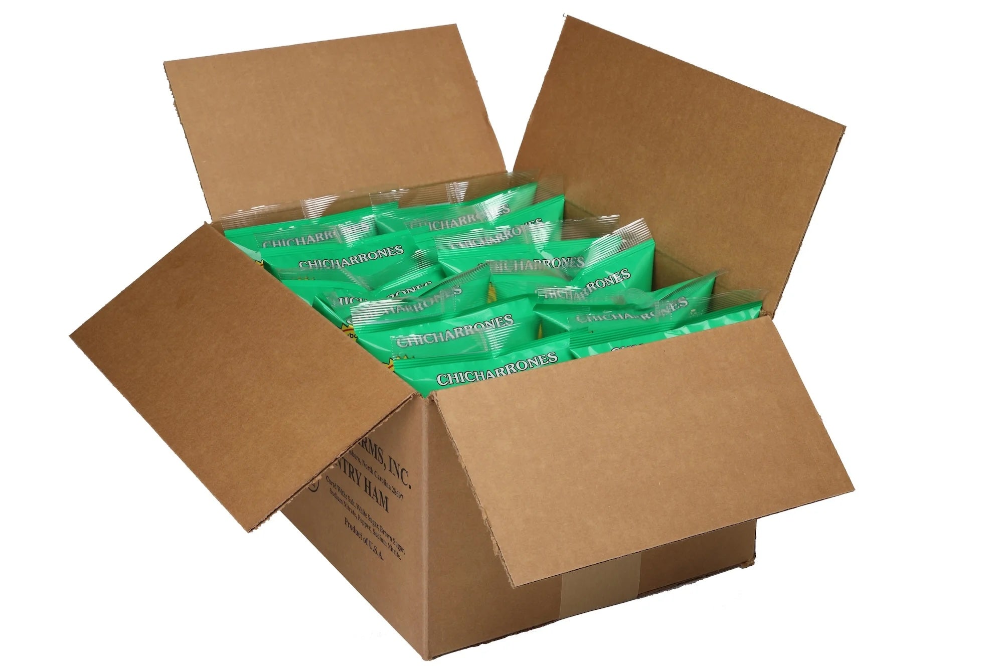 Cardboard box filled with Suncrest Farms Salt & Vinegar Pork Skins bags on a white background.