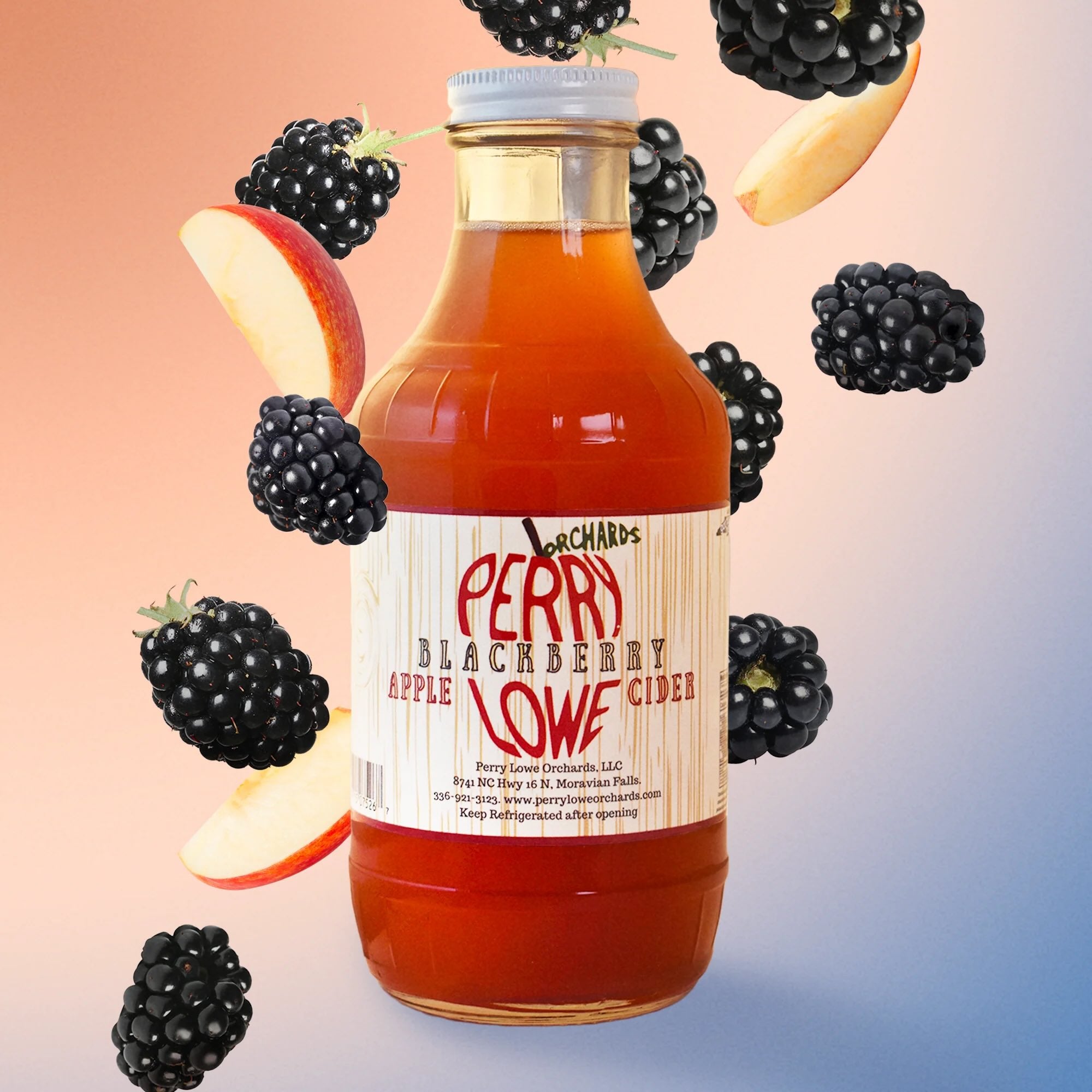 Perry Lowe orchards blackberry apple cider jar on a pink and blue gradient background with blackberries surrounding jar.