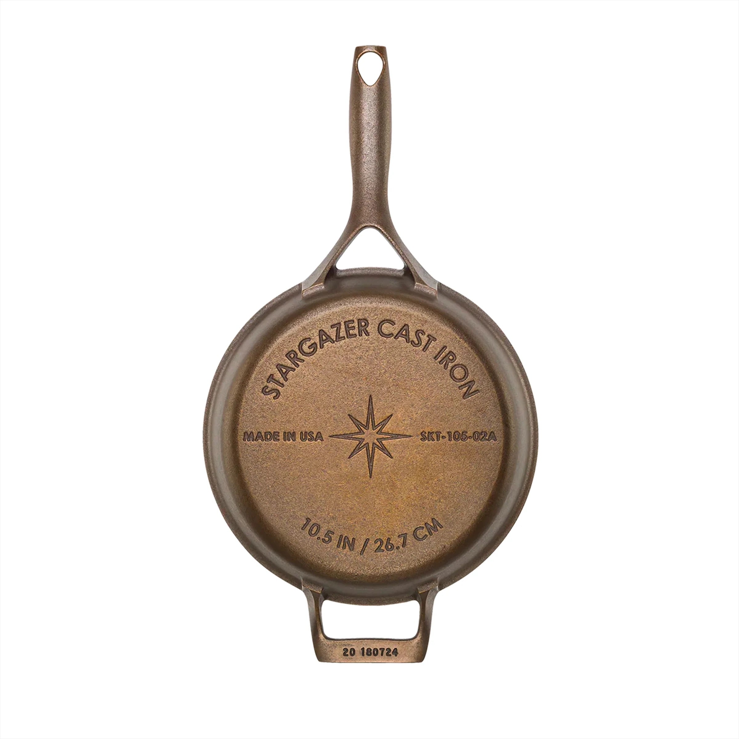 Stargazer 10.5 inch cast iron skillet on white background.