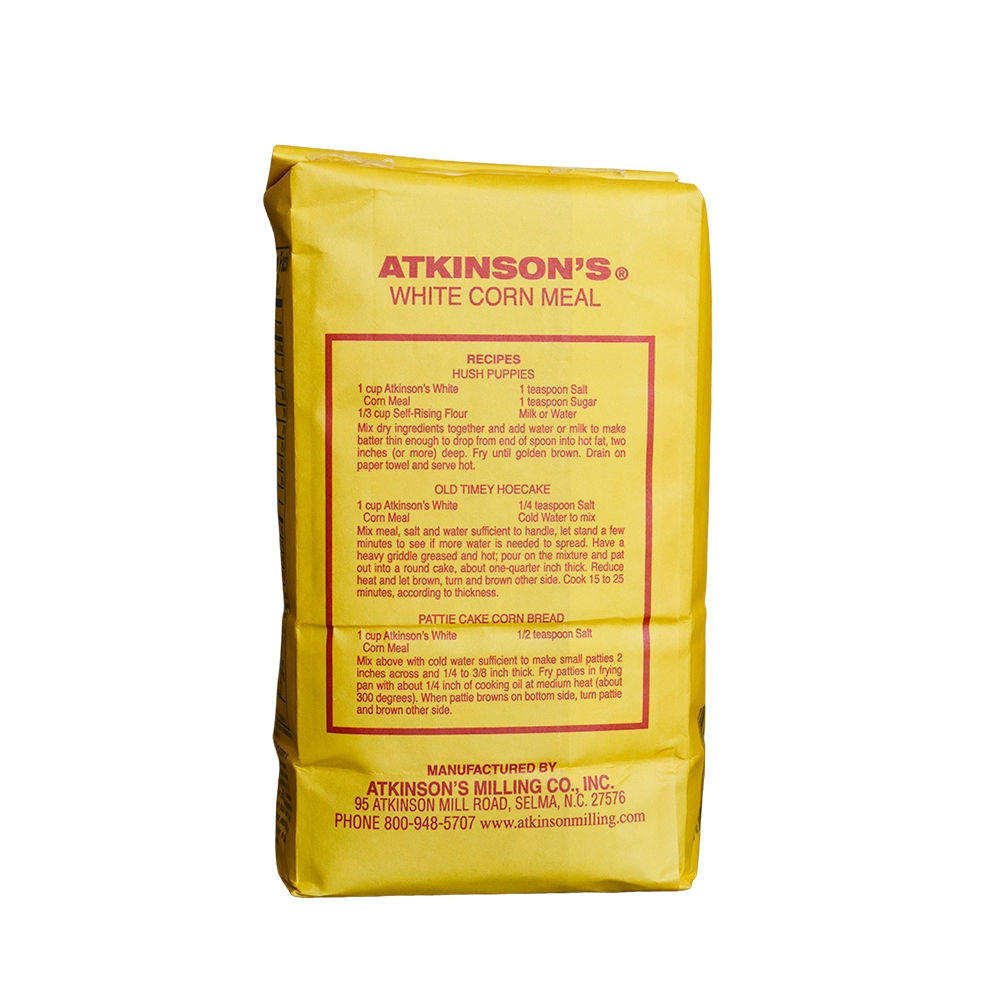 Atkinson's white corn meal in 2 lb. bag.
