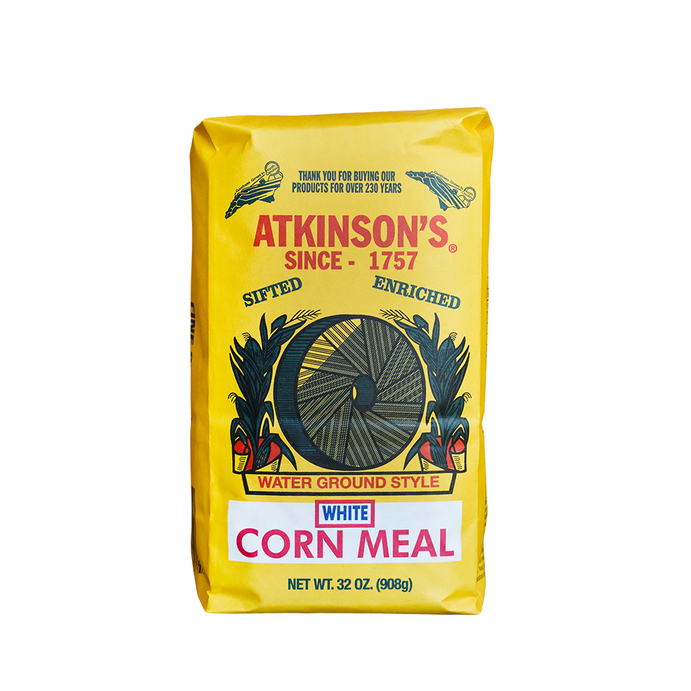 Atkinson's white corn meal in 2 lb. bag.