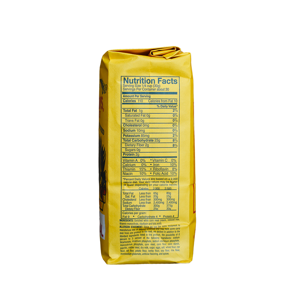Atkinson's white corn meal in 2 lb. bag.