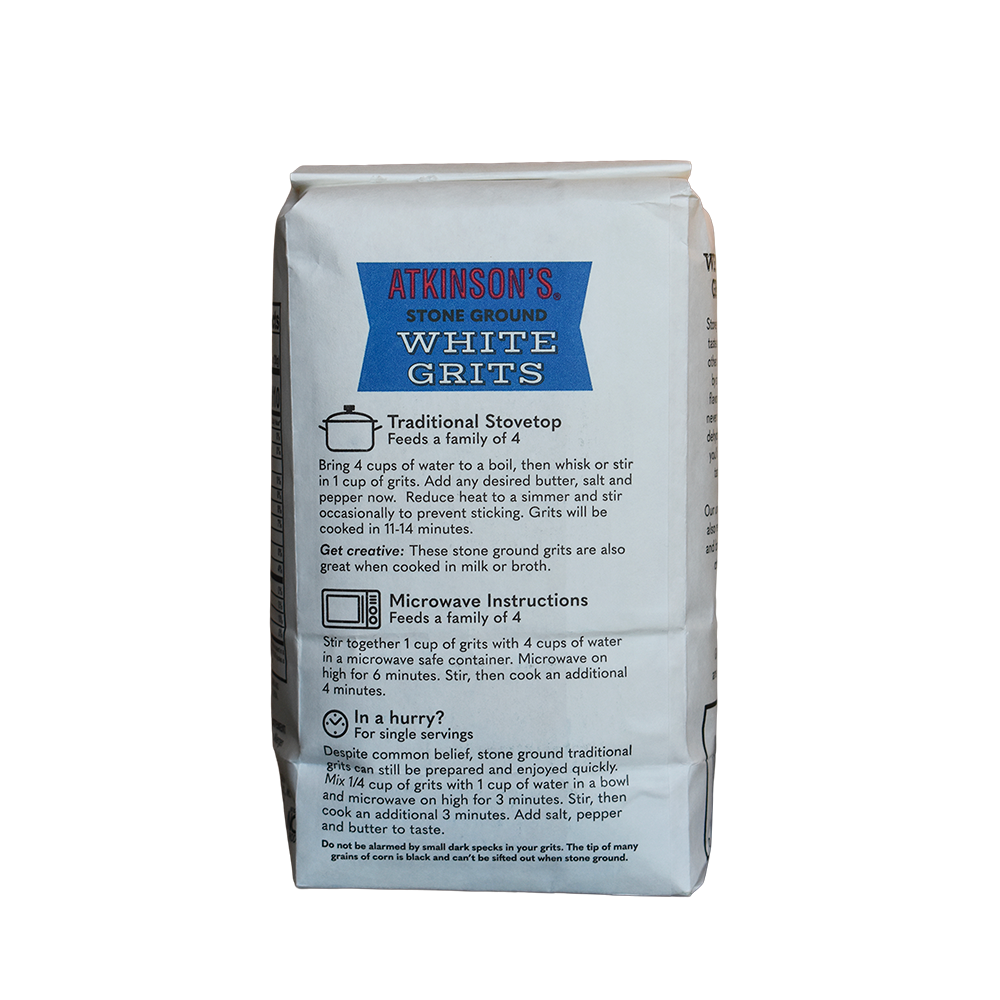 Atkinson's stone ground white grits 2 lb. bag.