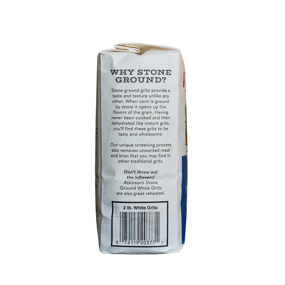 Atkinson's stone ground white grits 2 lb. bag.